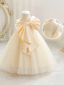 Baby Girls' Champagne Bow Christmas Party Dress, Elegant Princess Tulle Gown, Suitable For 1st Birthday, Wedding, Banquet, Holiday Celebration