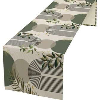1pc Medieval Modern Boho Style Table Runner, Featuring Tropical Palm Leaves & Geometric Patterns - Made Of Polyester, Suitable For Indoor/Outdoor Dining & Wedding Decor, Elegant Green, Beige & Brown Design, Perfect For Fashionable Tablescapes, Event Decor | Contemporary Tabletop | Woven Texture, Table Decoration