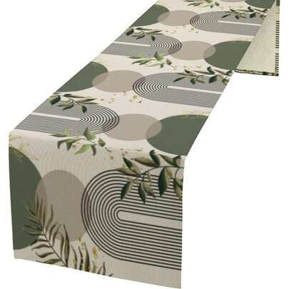 1pc Medieval Modern Boho Style Table Runner, Featuring Tropical Palm Leaves & Geometric Patterns - Made Of Polyester, Suitable For Indoor/Outdoor Dining & Wedding Decor, Elegant Green, Beige & Brown Design, Perfect For Fashionable Tablescapes, Event Decor | Contemporary Tabletop | Woven Texture, Table Decoration