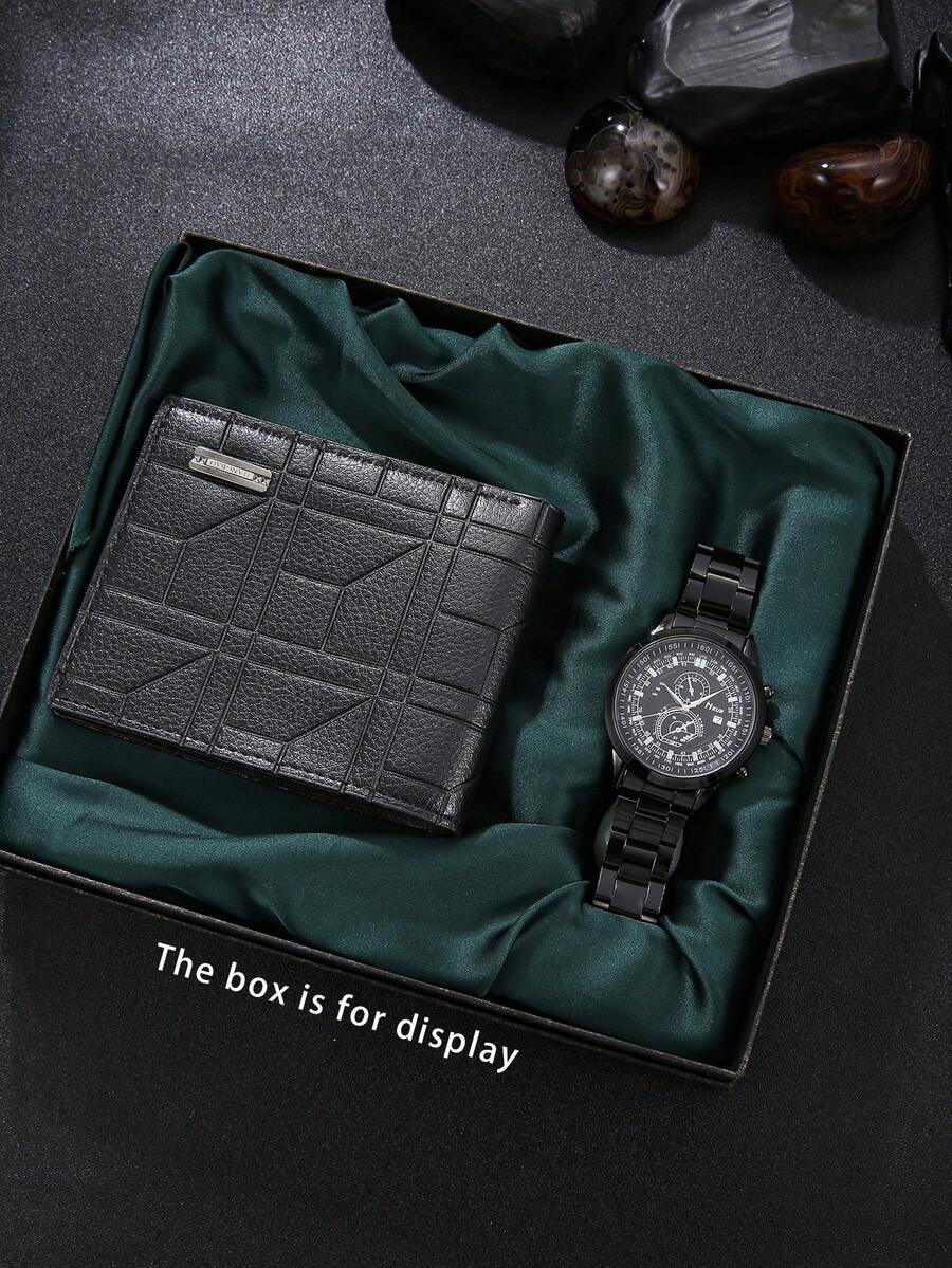 2 件男士休闲时尚钱包 + 时尚石英腕表礼品套装，周年纪念、生日、父亲节的理想礼物