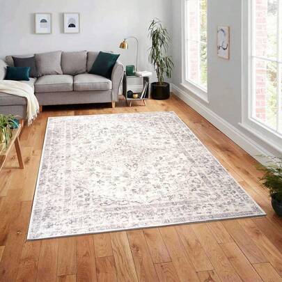 Boho Vintage Area Rug - Washable Faux Wool Low Pile Carpet | Non-Slip & Non-Shedding Indoor Rug For Living Room, Bedroom, Kids Room & Home Office