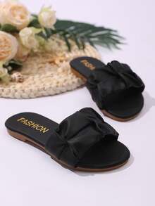 1 双儿童/幼儿黑色平底柔软 PU 波浪褶皱一脚蹬沙滩凉鞋，圆头设计，休闲家居拖鞋，适合女孩、沙滩、日常穿着、夏季 - 黑色 - 查看 4