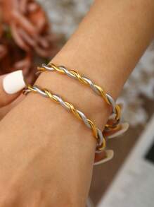 TONSI 1pc Elegant Charming Minimalist Chic Stainless Steel 18K Gold Plated Spiral Twist Bangle Bracelet, Suitable For Summer, Workday, Party, Women Jewelry