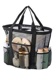 1 pièce Sac de plage, Sac de toilette portable, Sac de plage en maille d'été décontracté, Sac de toilette de voyage à bandoulière, Sac de rangement extérieur, Sac de piscine anti-sable, Sac de rangement avec fermeture éclair et poches latérales, Sac en maille respirant, Sac portable multi-poches, Sac de plage en maille pliable, Essentiel pour la plage et les voyages de vacances, Convient pour une utilisation familiale, Pliable et léger - Multicolore - Voir 14