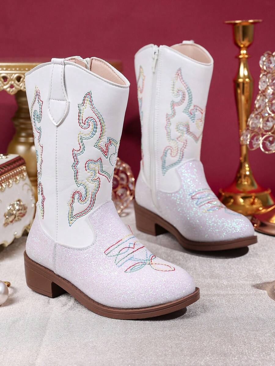 1双儿童火焰图案亮片饰边仿皮靴，中筒拉链，低跟，西部牛仔风格，适合休闲/派对穿着 - 白色 - 查看 1