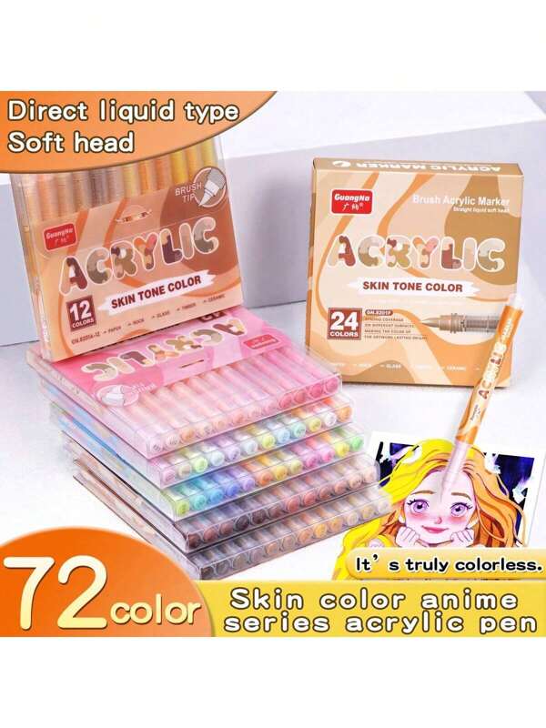 Pennarelli acrilici con punta morbida GuangNa da 72 colori, impermeabili, adatti per disegnare su pietra, vetro, legno, tela, metallo e una varietà di oggetti. 24 colori possono essere selezionati. Colori molto luminosi, ideali per progetti di pittura e decorazione festiva. Forniture scolastiche, ideali per il ritorno a scuola.