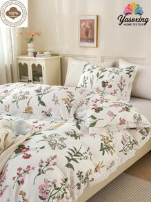 2 ou 3 pièces Ensemble de couette à motif d'imprimé de feuilles vertes et de fleurs roses avec bordure à volants 100% coton, respirant, ultra doux, toutes saisons (1 pièce*Couette + 1 ou 2 pièces*Taie d'oreiller, sans oreiller), design bicolore doux pour chambre à coucher et chambre d'amis, Saint-Valentin, poids léger, tailles lit King, Queen, Full, Twin