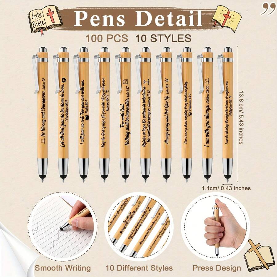 Local Delivery-With Stylus For Women Men Teacher Coworker Graduation School Office Supplies Journal Writing Gifts 100pcs Inspirational Bible Verse Bamboo Pen Wooden Retractable Ballpoint Pen - 100pcs - 查看 1