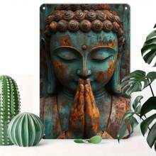 1pc 2D Flat, Buddha Style Retro Metal Plaque, 8"X12" Wall Art Decor - Easy To Install, Durable Metal Wall Decorations Suitable For Home, Cafe, Garage And Outdoor, Random Hole Design Available