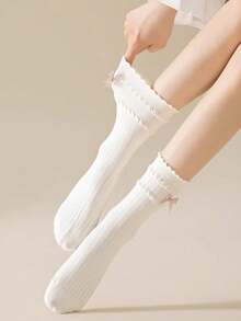 1双/4双洛丽塔蝴蝶蕾丝边薄款中筒袜，甜美日系风格，秋季女士