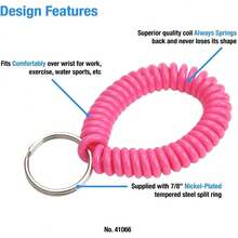 Bobina de muñeca en espiral de  de diámetro con llavero de acero, pulsera flexible, se estira hasta 30 cm, unisex, rosa adulto - Rosa Neón - Ver 7
