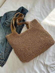 Fashionable Large Capacity Woven Tote Bag For Women - Khaki - View 6