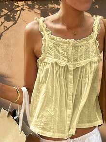 Women Summer Tank Tops Casual Lace Patchwork Buttons Sleeveless Shirt Basic Vest Aesthetic Clothes for Streetwear - Amarillo - Ver 3