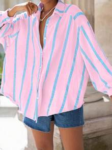 Women's Pink Striped Loose Blouse, Elegant Cardigan Top, Fashionable For Commute, Daily Wear, Valentine's Day Outing, Fit For Spring & Summer - Pink and Blue Stripes - View 4