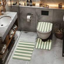 1/4pcs White And Green Stripe Theme Bathroom Curtain Set, Polyester Waterproof Shower Curtain, Bathroom Decor, Easily Washable Curtain With Hooks, Fashionable Door/Window Curtain, Shower Room Divider Curtain, Machine Washable Bathroom Accessories Back To School