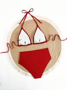 Conjunto de bikini sexy con triángulo ajustable y nudo en el pecho, de unicolor para mujer