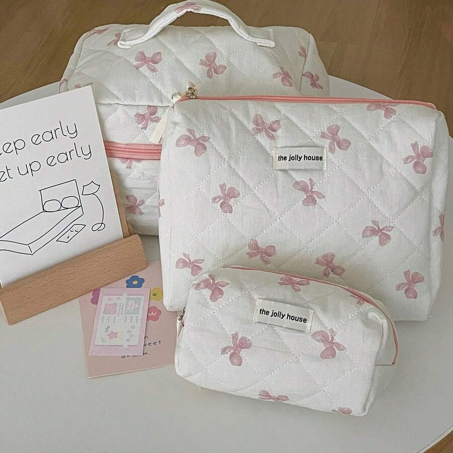 3pcs Makeup Bag Quilted Cosmetic Bag Silk Ribbon Large Floral Make Up Bag For Women Bow Cotton Makeup Bag Set Flower Travel Toiletry Bag - 粉色 - 查看 1