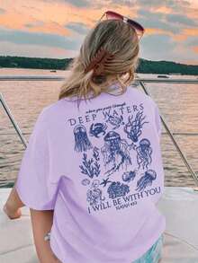 女士夏季新款简约可爱海洋生物印花休闲度假宽松圆领白色短袖T恤，时尚日常上衣，适合日常度假穿着。粉色印花T恤，女士款 - 紫色 - 查看 10