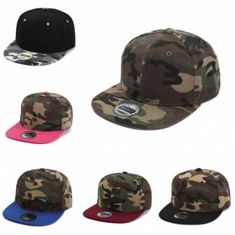 1pc Camouflage & Letter Print Baseball Cap, Color Block Round Top Flat Brim Dad Hat, Men's Breathable Sun Protection Hat For Spring/Summer, Fishing, Casual Wear