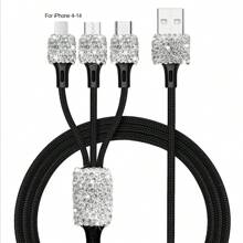 1 pièce Chargeur de voiture 2-en-1/8-en-1 avec strass, câble de charge 3-en-1 avec strass, charge rapide, Type C, USB, adaptateur de voiture, compatible avec Apple, téléphone, caméra de tableau de bord, iPad, GPS, cadeau pour les vacances/anniversaire