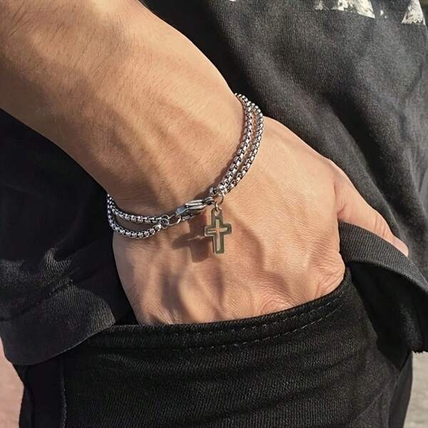 1 peça Pulseira masculina de corrente dupla com cruz única e retrô, pulseira de aço de titânio