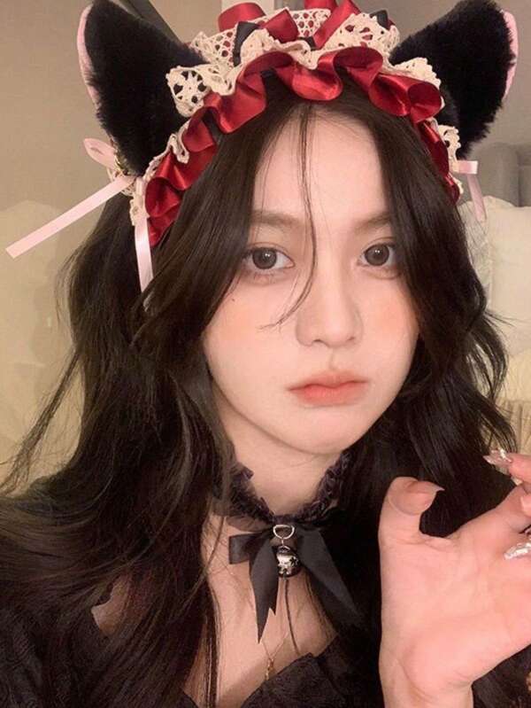 Conjunto de acessórios Lolita Pure & Cute 1 peça - Gargantilha de laço de renda com tiaras de orelha de raposa/gato, joias da moda gótica kawaii