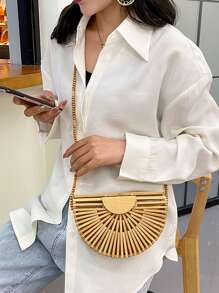 Fashion Half Moon Wooden Shoulder Crossbody Bags For Women Bamboo Woven Summer Beach Straw Bag Rattan Small Phone Purse Mini Bag
