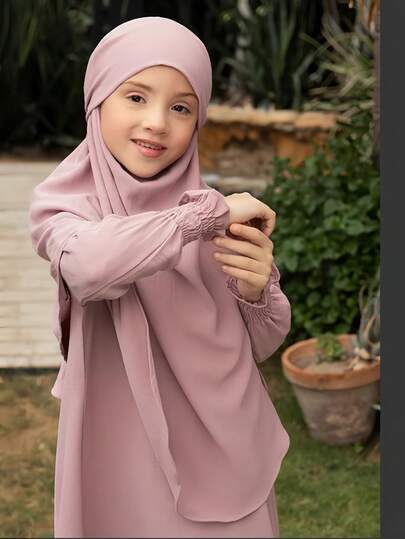 1pc Girls Kids Fuchsia Loose Dress, New Round Neck Ruffle Hem Solid Color Girls Kids Dress, Elastic And Comfortable, Suitable For Daily Outings, Home Wear Girls Arabic Abaya