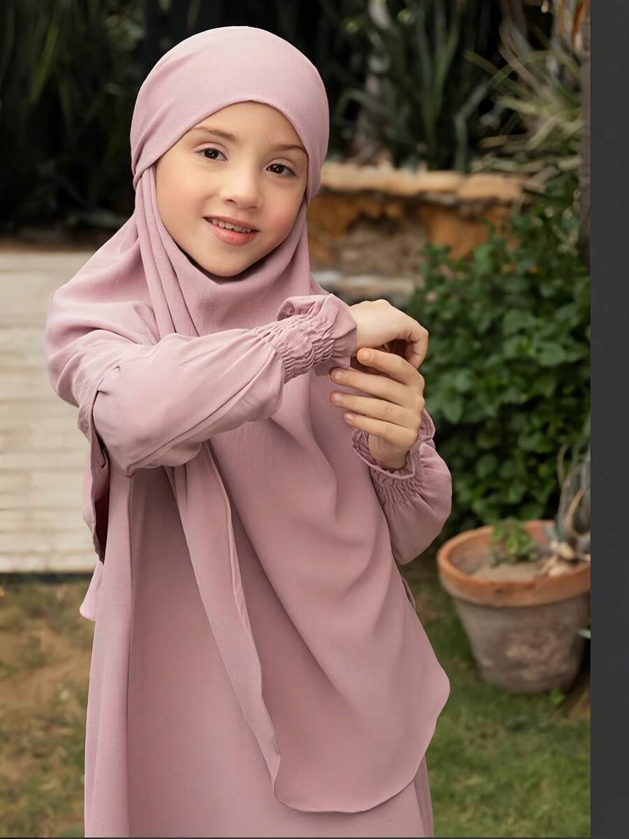 1pc Girls Kids Fuchsia Loose Dress, New Round Neck Ruffle Hem Solid Color Girls Kids Dress, Elastic And Comfortable, Suitable For Daily Outings, Home Wear Girls Arabic Abaya - Pink - View 1
