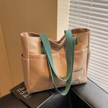 1pc,Simple Solid Color Canvas Tote Bag For Women, Large Capacity Crossbody Bag, Portable Travel Shoulder Bag, Casual Satchel Bag For Outdoor Travel Or Commuting Work, Vintage Multi-Pocket Handbag All-Match Square Bags For School, Large School Tote Bag, Multiple Compartments, Perfect For Beach, School, Work & Daily Use