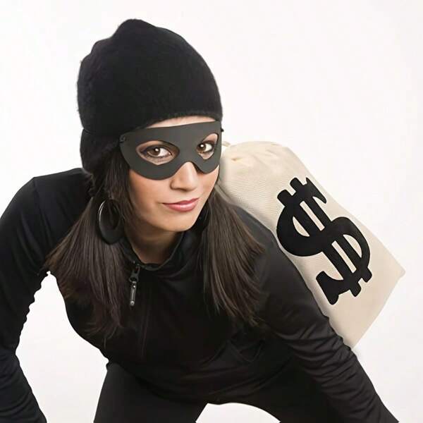 Conjunto de 4 piezas de disfraz de pirata - Hecho de tejido de poliéster y spándex de moda, que incluye una bolsa de dinero con signo de dólar de lona, un parche para el ojo de bandido, un gorro de punto y adecuado para Halloween, cosplay y fiesta con tema de piratas