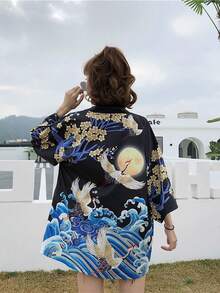 复古中国风可爱仙鹤印花罩衫、和服外套、沙滩罩衫、夏季防晒泳装