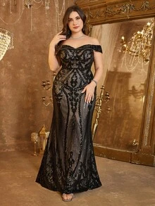 UNITHORSE Plus Size Women Off Shoulder Backless Dress, Glitter Sequins Decoration, Elegant Evening Party Dress, Bride Dress, Birthday Outfits, Graduation Dress, Formal Dress, Fall Women Clothes - 黑色 - 查看 3