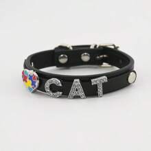 Colour Blocking Heart With Diamonds And Letters Cute Cat Collar PU Leather Pet Collar, Multiple Sizes, Simple Flat Collar, Multi-Colour, Suitable For Cats & Dogs