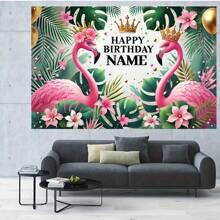 1 buc fundal personalizat pentru petrecere de ziua de naștere cu flamingo, decor de perete tropical cu nume personalizat și accente aurii, nu necesită alimentare pentru sărbători în interior și în exterior, decorare flamingo