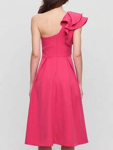 CEYLEN Women's Solid Color One Shoulder Ruffle Sleeve Elegant Mid-Length Dress - Pink - View 3