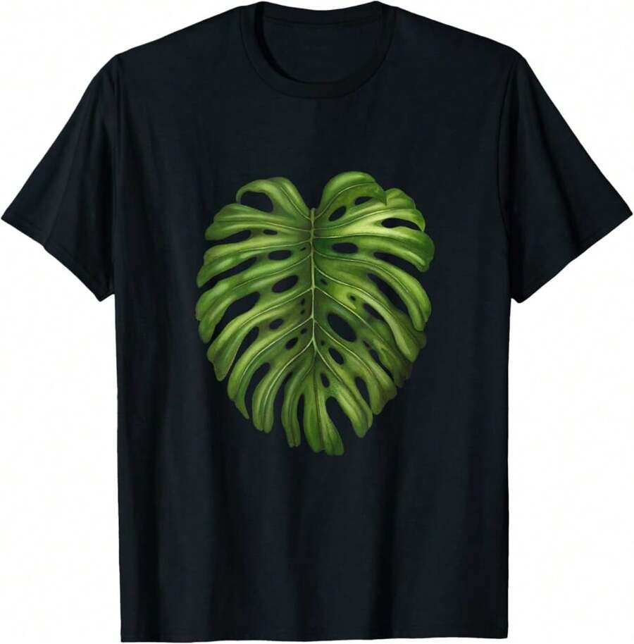 Tropical Monstera Leaf Botanical Graphic Print Basic-Cotton T-Shirt - Black - View 1
