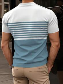 Men's Simple Striped Print Contrast Color Round Neck Short Sleeve Digital T-Shirt, Summer - Dusty Blue - View 2