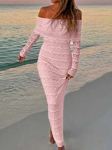 Off Shoulder Long Sleeve Bodycon Sexy Dress Pink Spring Elegant - Pink - View 3