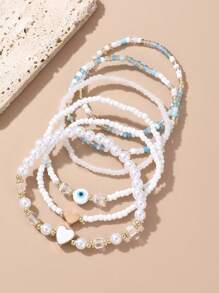 6pcs/Set Girls' Heart Shaped Bead Mixed Color Charm Bracelets