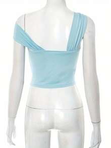 Women Ring Tank Tops Slim Solid Backless Crop Asymmetrical Shirts - Blue - View 5