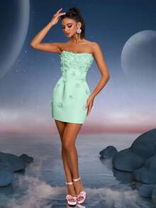 Anymoon Cute 3D Handmade Floral Decor Formal Prom Dress, Suitable For Graduation, Homecoming, Party, Cocktail Party And Wedding Occasions. - Green - View 6