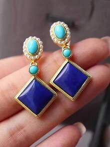 两对复古波西米亚青金石耳环，汉字耳环，具有记忆支撑、弹性保护和精神平衡的作用。铜/银/金色调仿天然石，招财纳福，女士时尚首饰，四季配饰。
