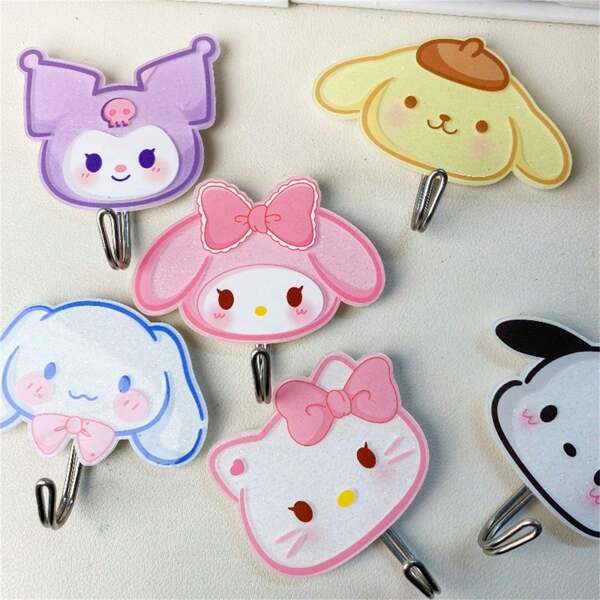 Sanrio Sanrio Cute Cartoon Sticky Hooks Featuring Characters Like Hello Kitty, Cinnamoroll, Kuromi, My Melody, And Pompom Purin, No-Drill Daily Home Decor Hooks, Perfect For Hanging Bath Towels, Hand Towels, Bags, Kitchen Tools, And Key Storage, Suitable For Living Room, Kitchen, Bathroom, Bedroom, Office Accessories