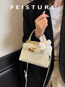 1pc FEISTURE Woman Handbag With Scarf Decor, PU Material Magnetic Closure Small Square Bag, Suitable For Daily, Dating, And Commuting - White - View 3