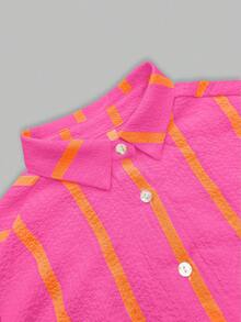 Women's Oversized Striped Boyfriend Shirt, Front Short Back Long Button Down Casual Blouse Top, Suitable For Spring, Summer, Autumn