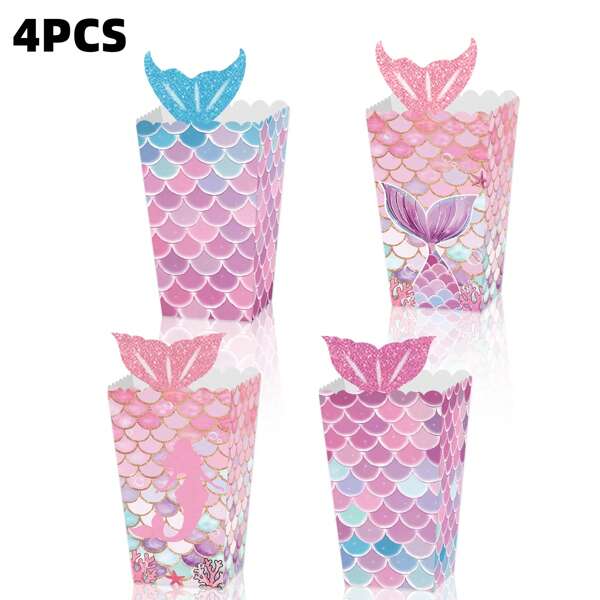4pcs Purple Mermaid Scale Design Popcorn Boxes - Suitable For Birthday, Gender Reveal, Baby Shower And Celebration Events Ocean Themed Party Decor, Mermaid Party Decorations