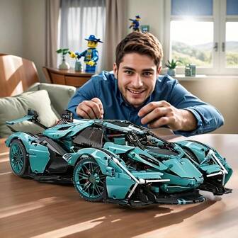 [赛车积木] 超级赛车模型 MOC 积木套装，高难度赛车模型，适用于客厅、餐厅、书房装饰，理想的圣诞节生日礼物，万圣节、感恩节，ABS 材质，车辆主题