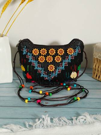 Tassel Yuan Bao Women's Handbag, Vintage Coconut Shell Beaded Cross-Body Bag, Handmade Bohemian Woven