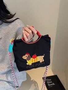 可爱刺绣帆布水桶包，女士时尚防水尼龙单肩托特包，狗狗刺绣图案女士手提包，带可拆卸肩带 - 彩色 - 查看 13